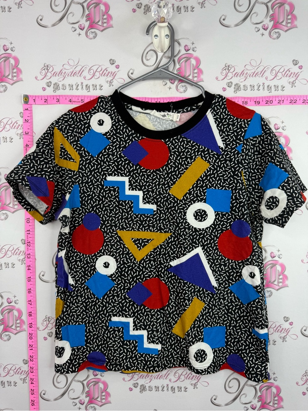 twik Black Geometric Print Tee with Red, Blue, Gold & White Shapes